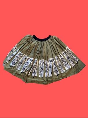 Pinup Couture Olive Full Skirt with Black Waistband and Character Panel Print